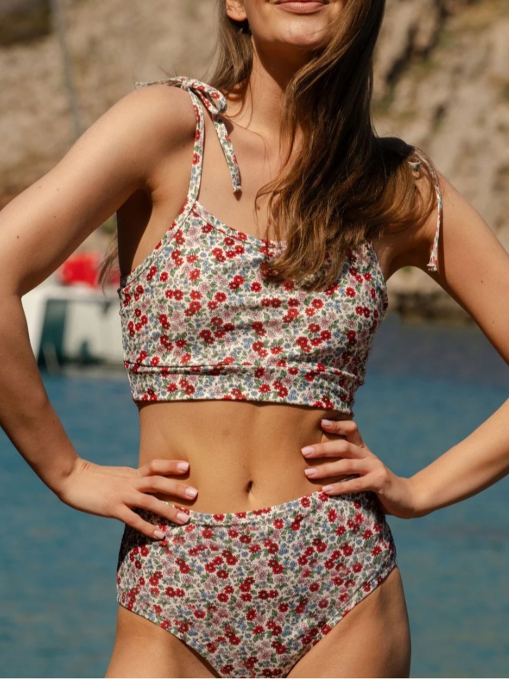 Lime Ricki Red Floral Tie-Shoulder Bikini Set on Cream